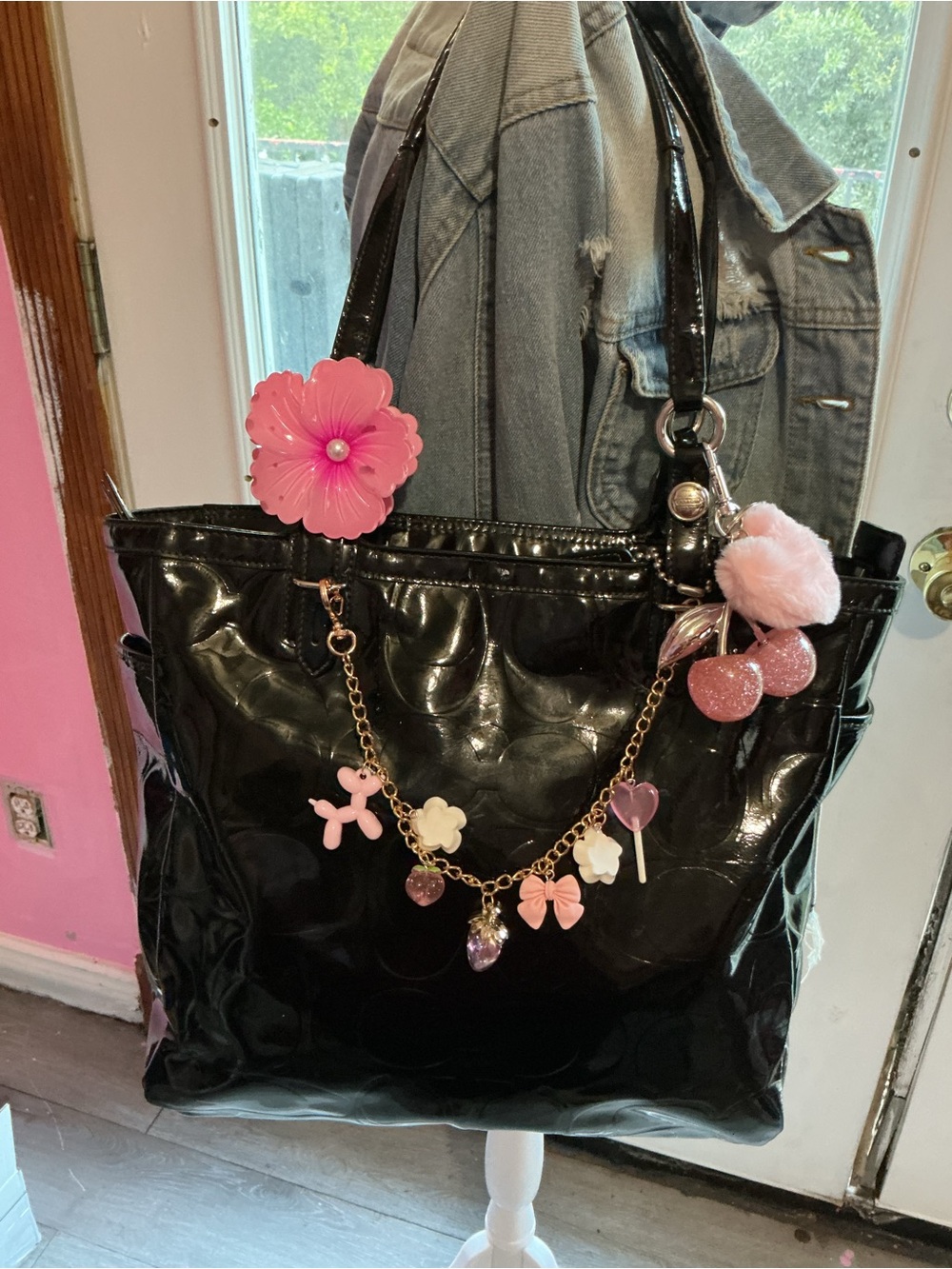 Coach Black Patent Tote with Pink Charms